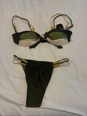 SHEIN Olive & Cream Beaded Two-Piece Bikini